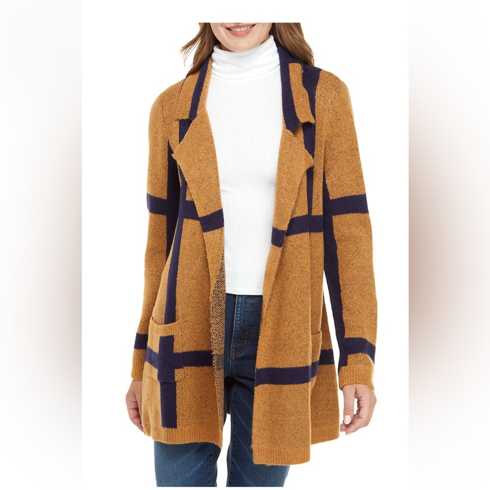 Women's Tan and Blue Open Front Sweater